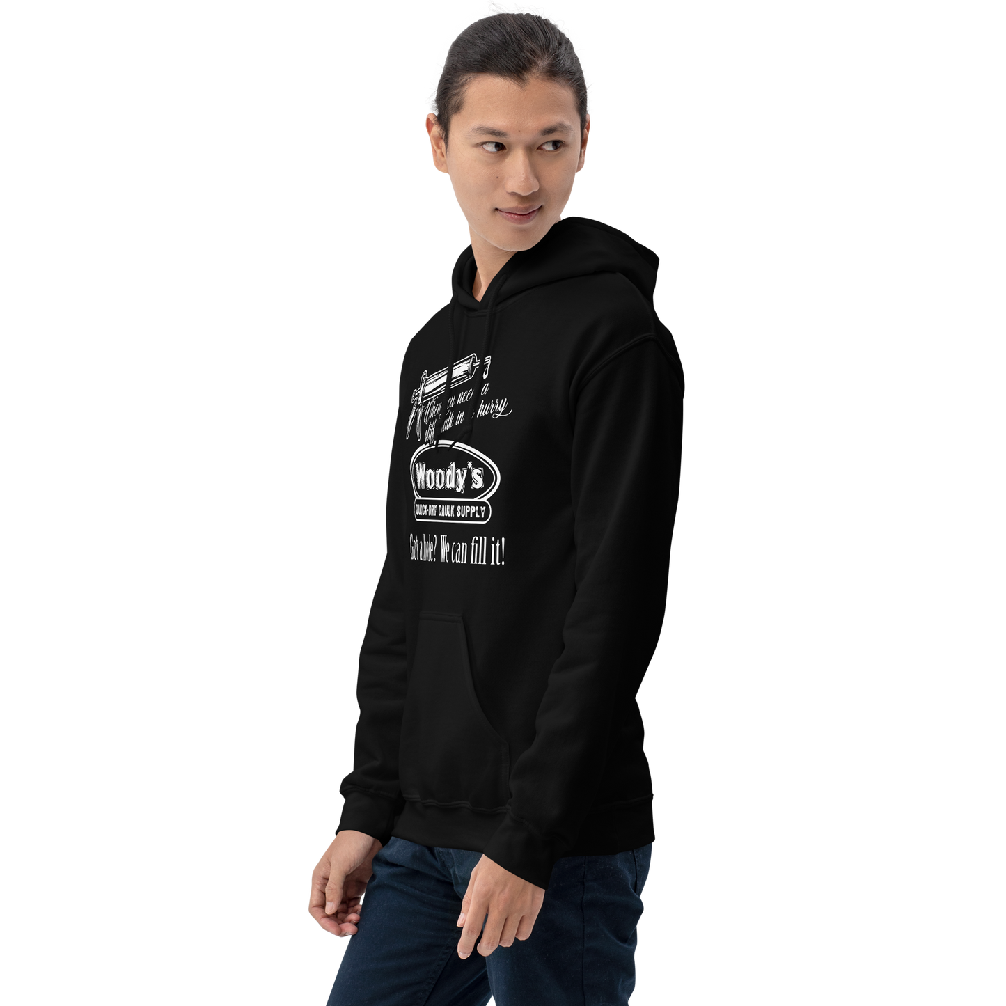 "When you need a stiff caulk in a hurry." - Funny Men's Graphic Hoodie, Sarcastic Humor Pullover, Novelty Gag Gift