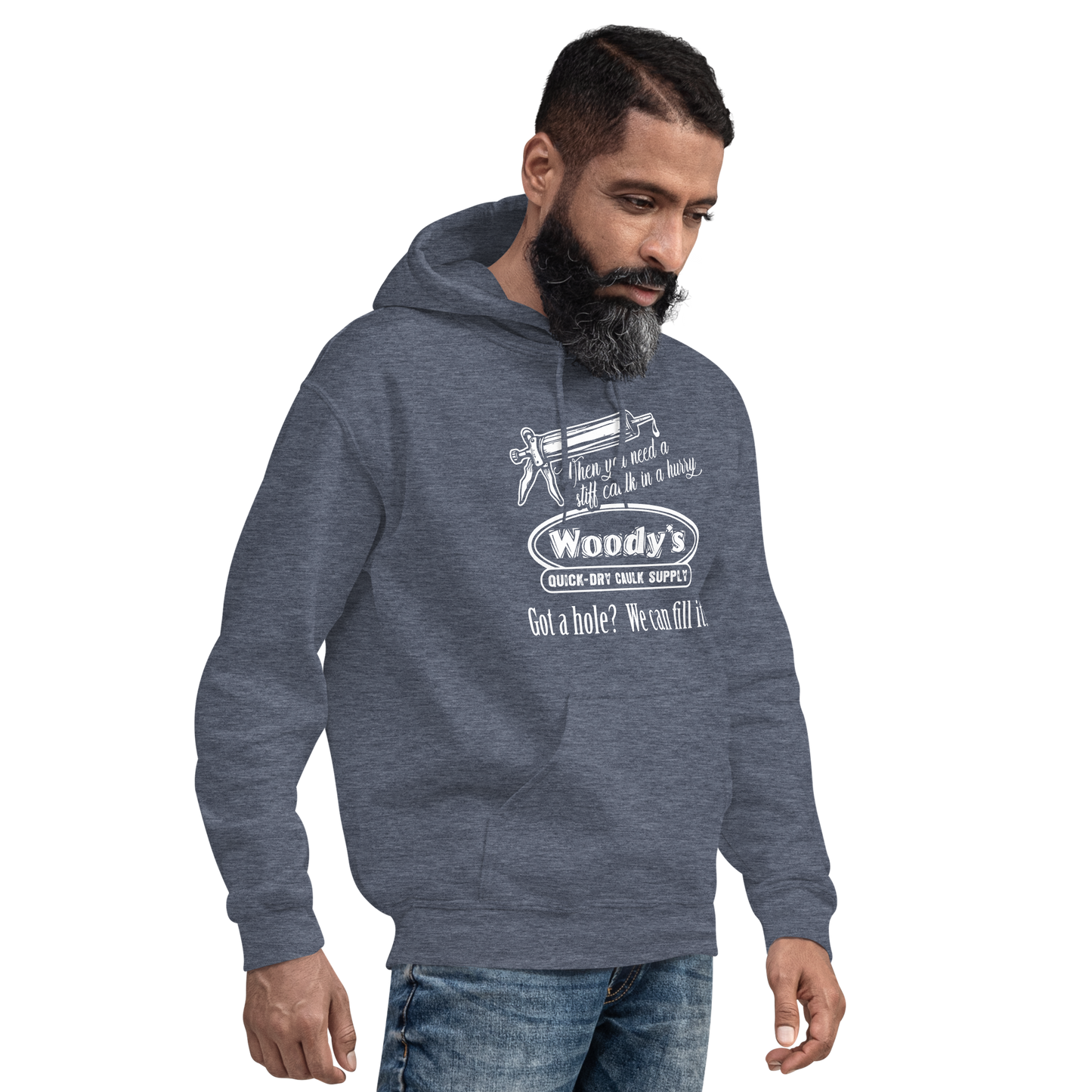 "When you need a stiff caulk in a hurry." - Funny Men's Graphic Hoodie, Sarcastic Humor Pullover, Novelty Gag Gift