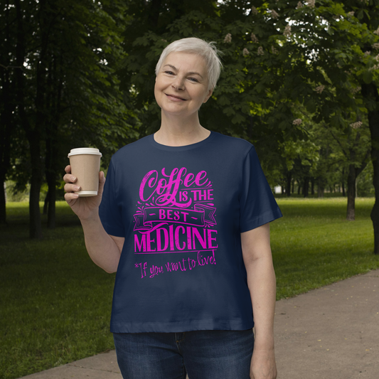 "COFFEE IS THE BEST MEDICINE If you want to live!" - Hot Pink Graphic Women’s Funny Coffee T-Shirt