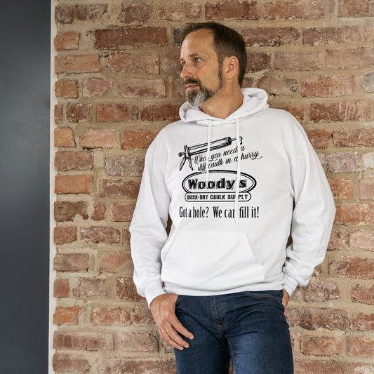 "When you need a stiff caulk in a hurry." - Funny Men's Graphic Hoodie, Sarcastic Humor Pullover, Novelty Gag Gift
