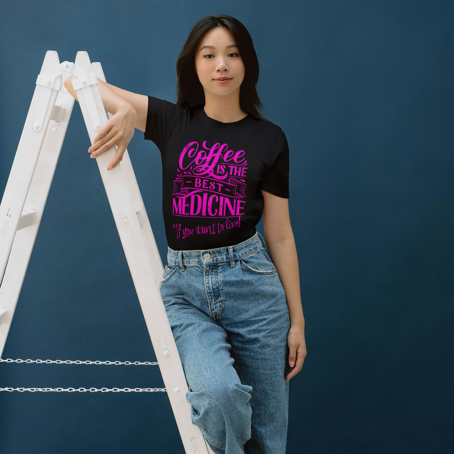 "COFFEE IS THE BEST MEDICINE If you want to live!" - Hot Pink Graphic Women’s Funny Coffee T-Shirt