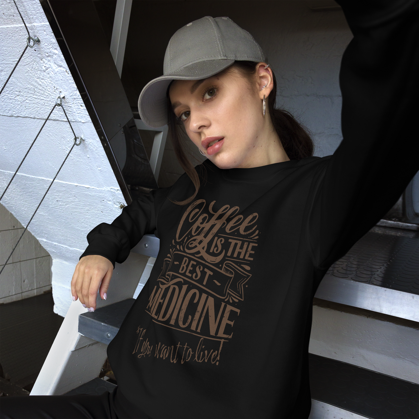 "COFFEE IS THE BEST MEDICINE If you want to live!" - Chocolate Graphic Women’s Funny Sweatshirt