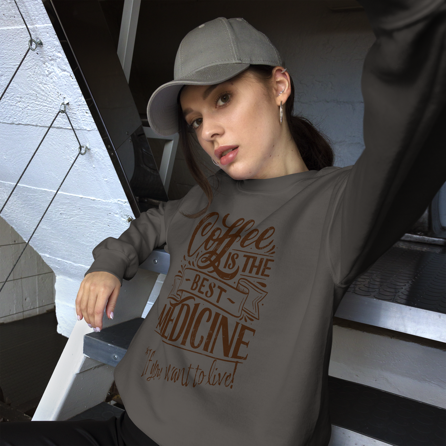 "COFFEE IS THE BEST MEDICINE If you want to live!" - Chocolate Graphic Women’s Funny Sweatshirt