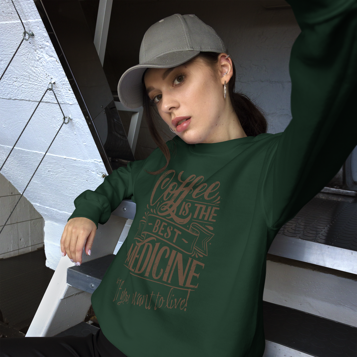 "COFFEE IS THE BEST MEDICINE If you want to live!" - Chocolate Graphic Women’s Funny Sweatshirt