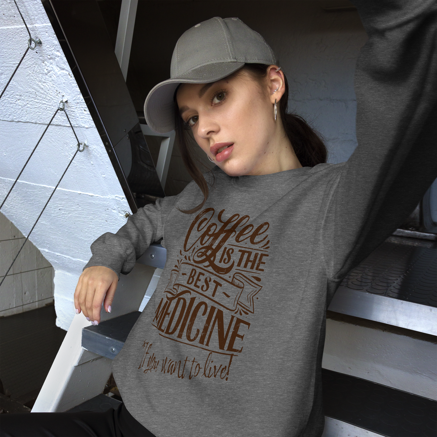 "COFFEE IS THE BEST MEDICINE If you want to live!" - Chocolate Graphic Women’s Funny Sweatshirt
